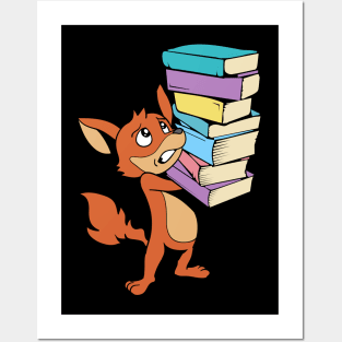 Cartoon fox with pile of books - Bookworm Posters and Art